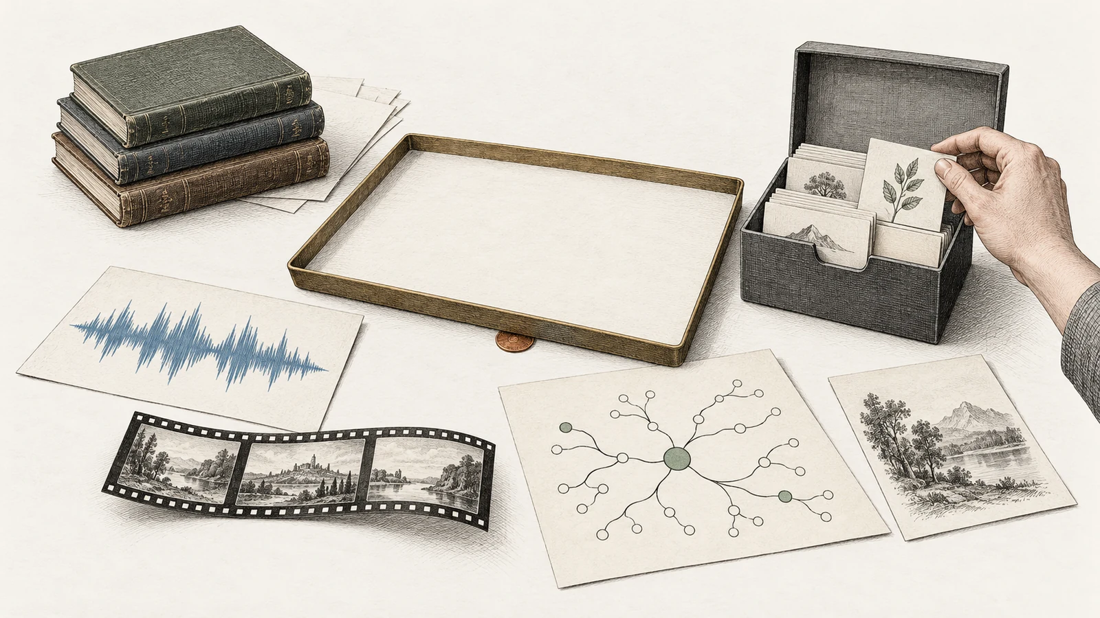 Sur un établi, des livres côtoient une onde sonore sur papier, une bande de film et une carte à branches ; une main range une fiche dans une boîte, tandis que d'autres supports restent à côté.