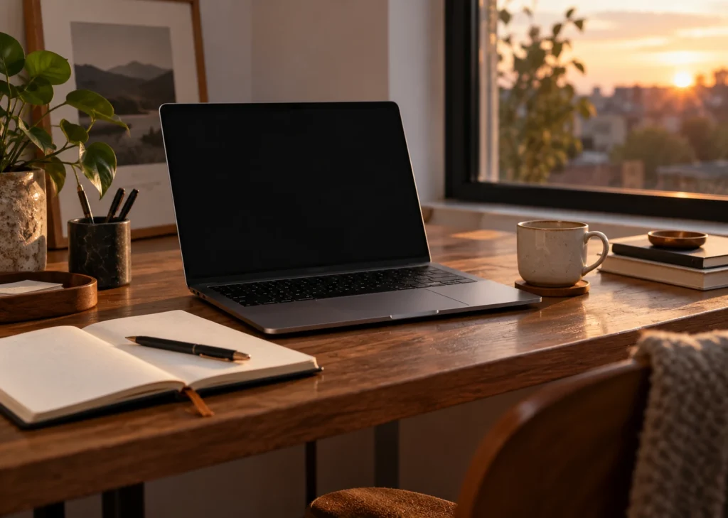 Un ordinateur à écran sombre sur un bureau avec carnet et tasse, en lumière du soir.