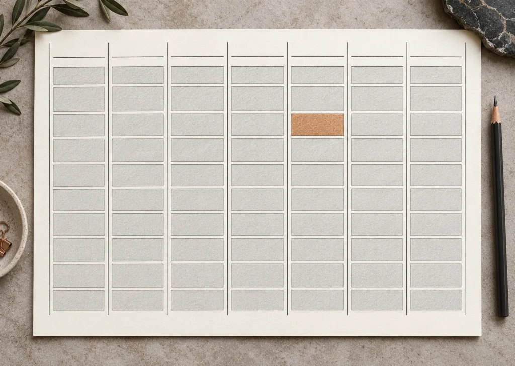 Planificateur hebdomadaire en sept colonnes, avec un bloc cuivre parmi des cases graphite.