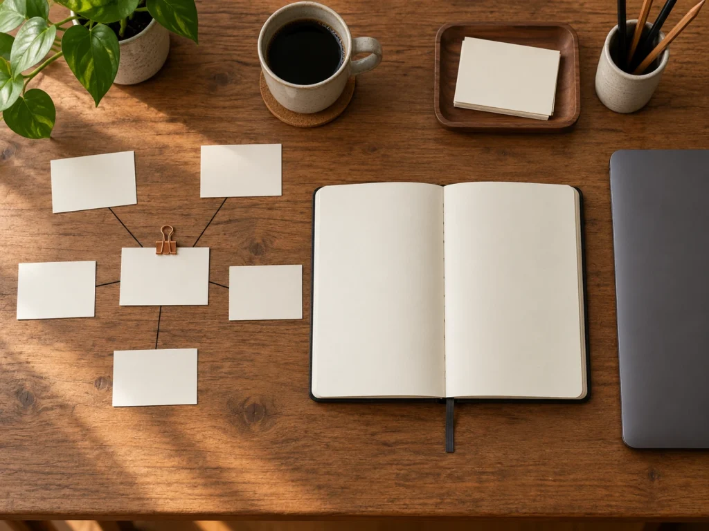 Un carnet ouvert près de six fiches reliées en étoile et d’un ordinateur fermé, sur une table en bois.