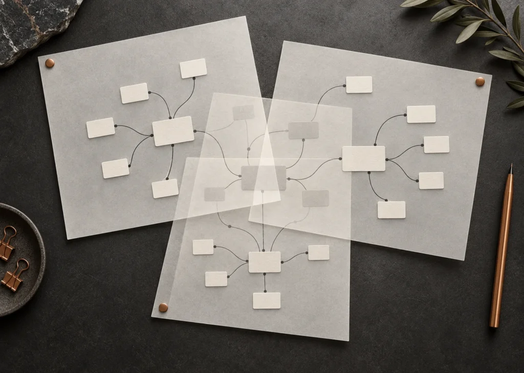 Trois feuilles calques superposées révèlent une carte de fiches et de liens sur un bureau graphite.