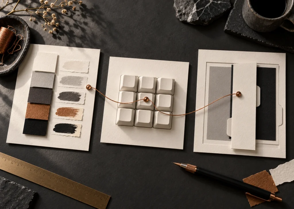 Trois panneaux de papier montrent des échantillons de couleur, des touches et une disposition modulable, reliés par un fil cuivre.