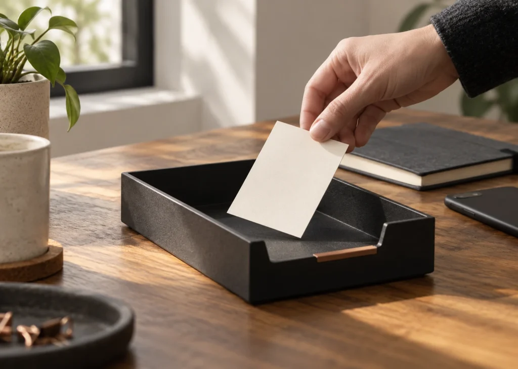 Une main dépose une fiche vierge dans un bac de capture graphite, près d’un carnet fermé et d’un téléphone retourné.
