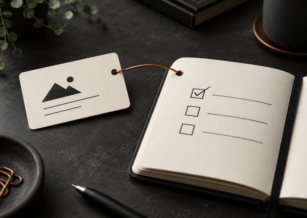 Une fiche de projet reliée par un fil cuivre à un carnet de tâches dont une case est cochée.