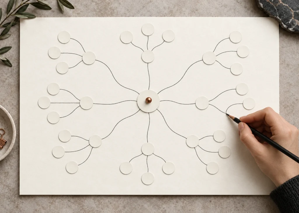 Une main trace au crayon une branche d’une carte de cercles de papier autour d’un point central cuivré.