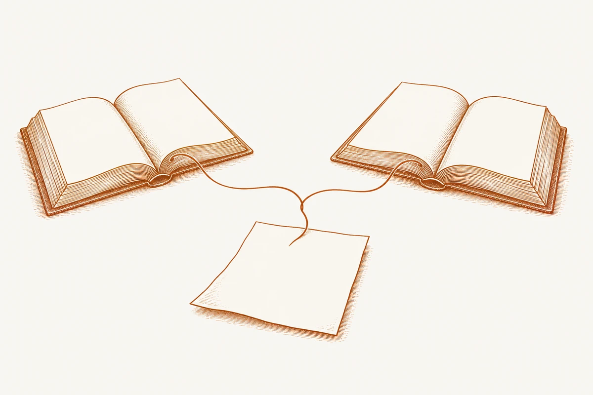 Deux livres ouverts reliés par un fil à une nouvelle note.