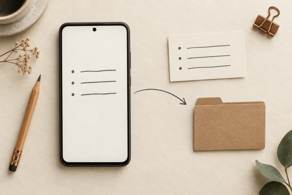 Téléphone générique avec trois lignes de notes, une fiche et un dossier relié par une flèche ; illustration éditoriale.