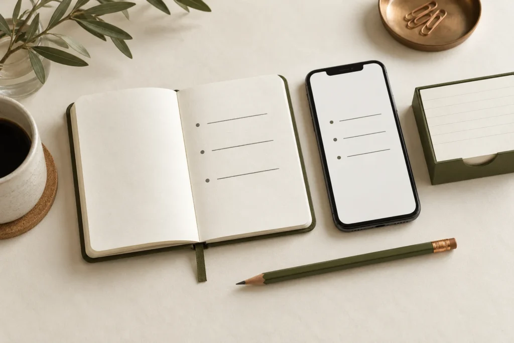 Carnet et téléphone générique montrant trois lignes de notes, avec une boîte de fiches et un crayon ; illustration éditoriale.