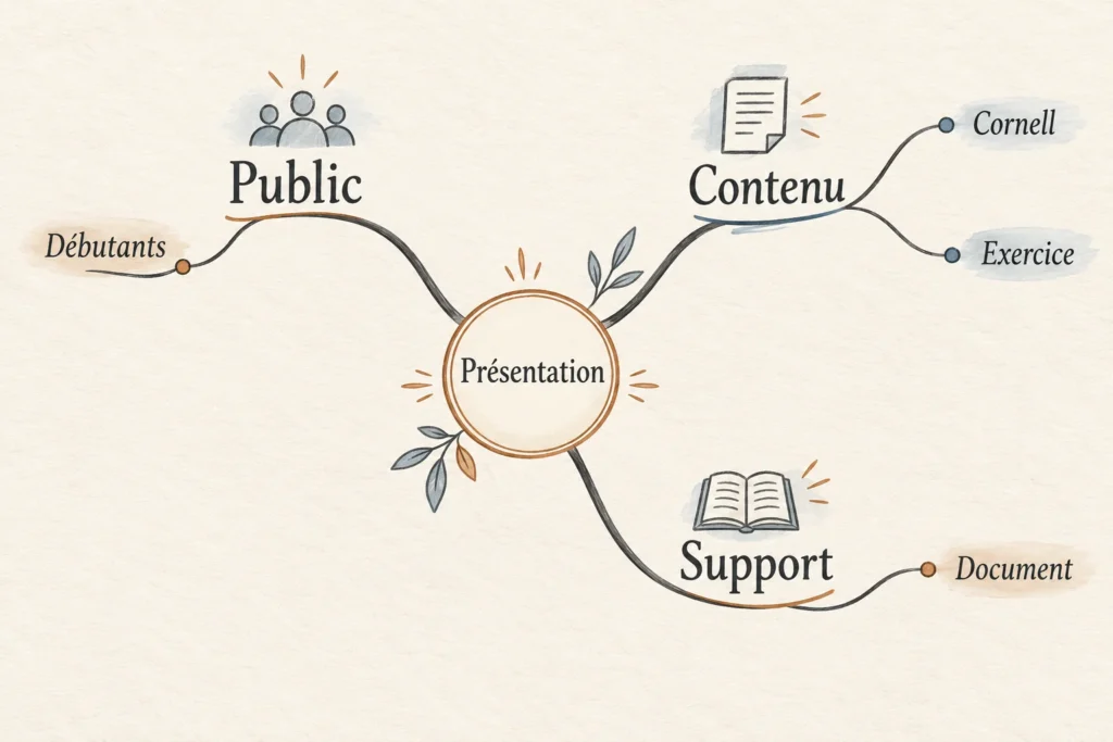 Carte mentale Présentation : branches Public, Contenu et Support, avec exemples débutants, Cornell, exercice et document.