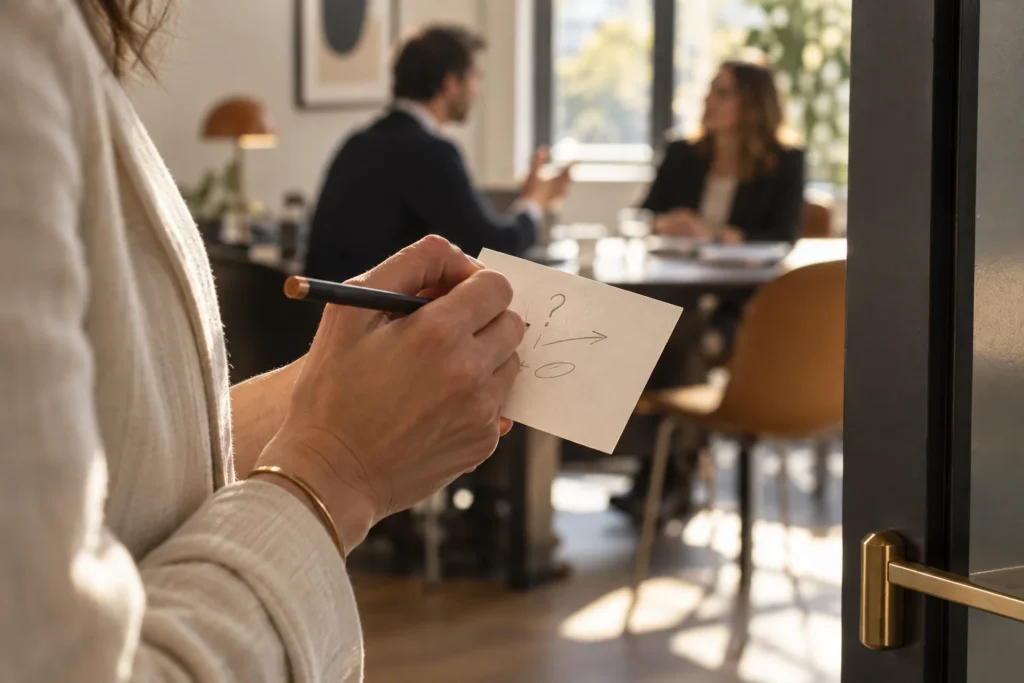 Une personne capture quelques repères sur une fiche pendant un échange, avant de les relire.