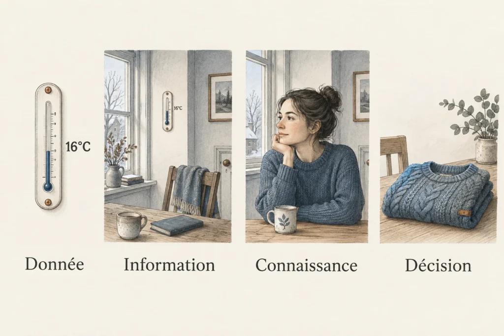 Quatre repères illustrés : Donnée avec un thermomètre, Information dans une pièce, Connaissance par interprétation et Décision avec un pull.