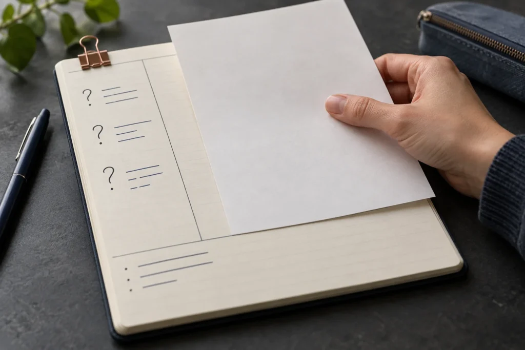 Une main masque les notes d’une fiche Cornell pour réviser à partir des questions.