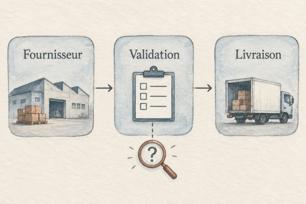 Fournisseur, Validation et Livraison reliés dans l’ordre ; une loupe avec un point d’interrogation marque la validation à examiner.