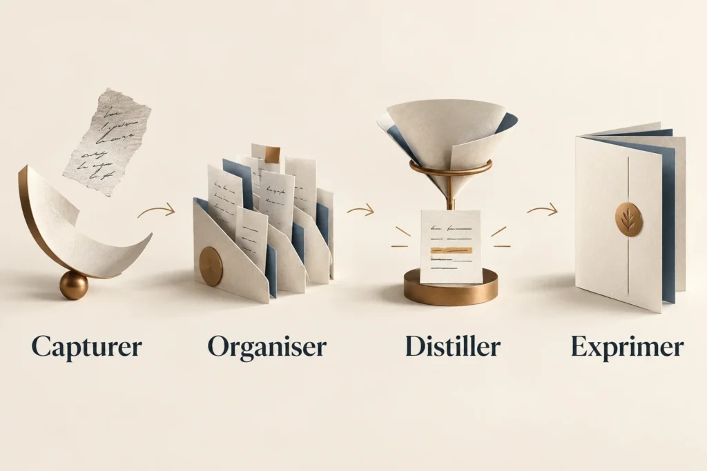Quatre étapes CODE illustrées par du papier : Capturer, Organiser, Distiller et Exprimer.