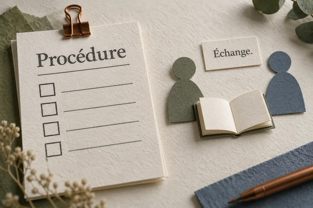 Une fiche Procédure et deux silhouettes près d’une carte Échange illustrent deux modes de transmission des connaissances.