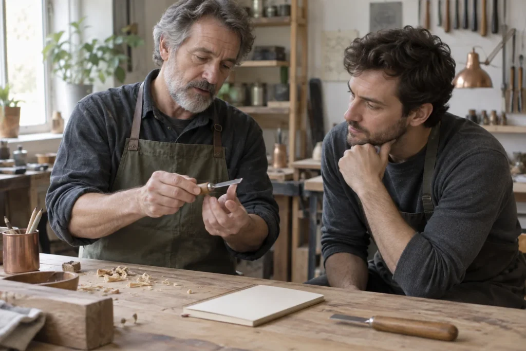Illustration d’un savoir-faire transmis par démonstration dans un atelier, avec un outil et un carnet.
