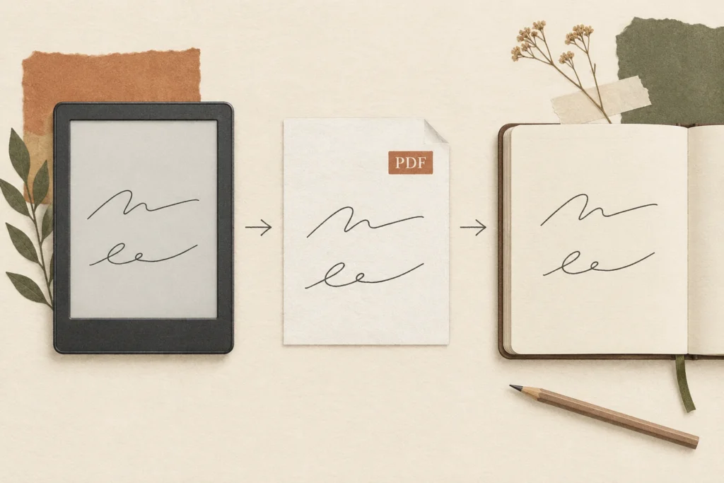 Illustration du passage d’un carnet sur liseuse à une copie PDF et à sa consultation, avec des traits manuscrits abstraits.