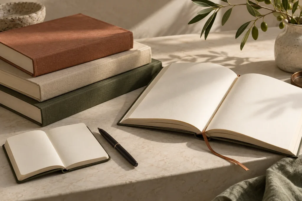 Livres sans marque et carnet ouverts sur une table, pour illustrer le choix d’un ouvrage sur la prise de notes.