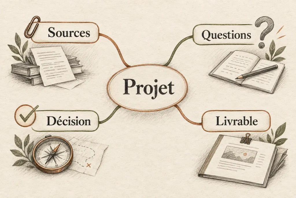 Carte mentale originale : Projet au centre, avec Sources, Questions, Décision et Livrable.