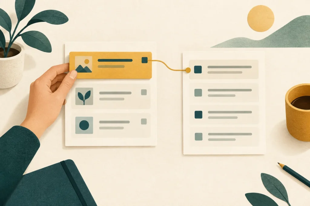 Illustration éditoriale de deux tables de projets et de notes reliées, avec une copie exportée.