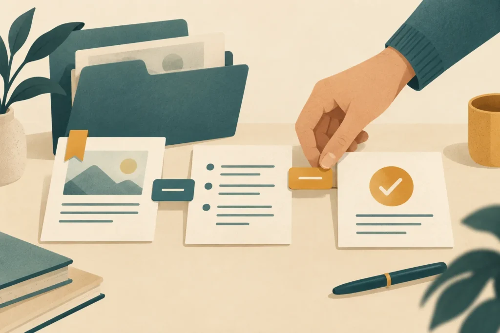Illustration éditoriale de notes reliées, d’un dossier, de propriétés et d’une étiquette.