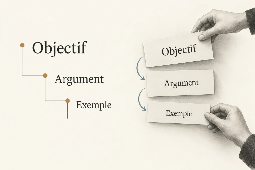 Plan hiérarchique Objectif, Argument et Exemple, à côté de fiches que l’on peut déplacer.