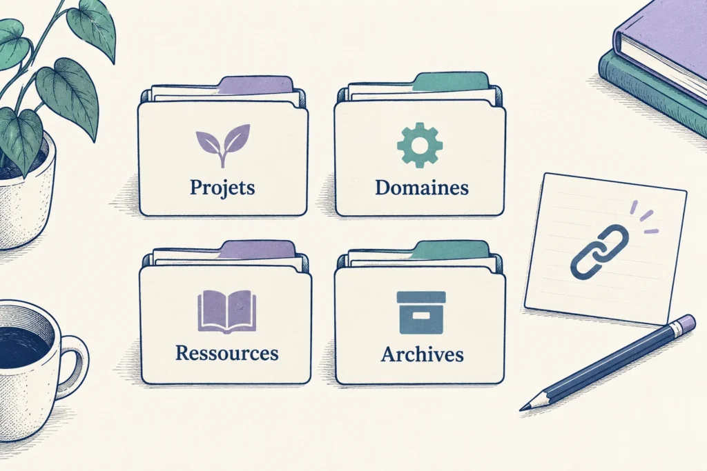 Illustration originale des quatre dossiers PARA : Projets, Domaines, Ressources et Archives, à côté d’une fiche avec un symbole de lien.