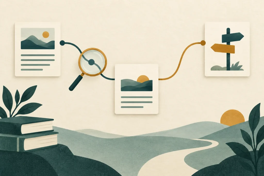 Illustration éditoriale de trois notes reliées, avec une loupe sur le chemin entre source et décision.