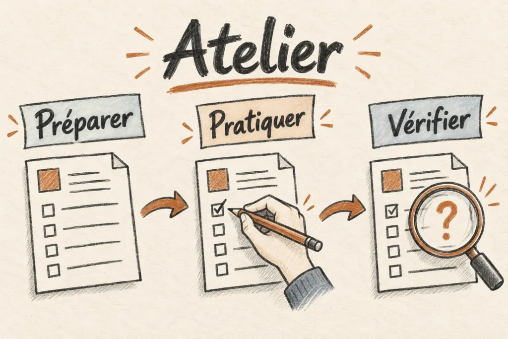 Sketchnote Atelier : Préparer, Pratiquer et Vérifier, avec une feuille, une main qui écrit et une loupe.