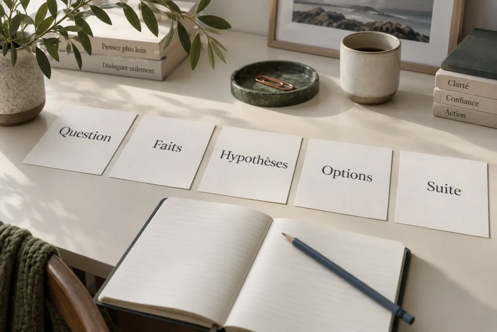 Cinq cartes pour préparer une synthèse : Question, Faits, Hypothèses, Options et Suite.
