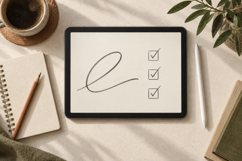 Illustration éditoriale d’une tablette générique avec stylet, carnet et trois cases cochées.