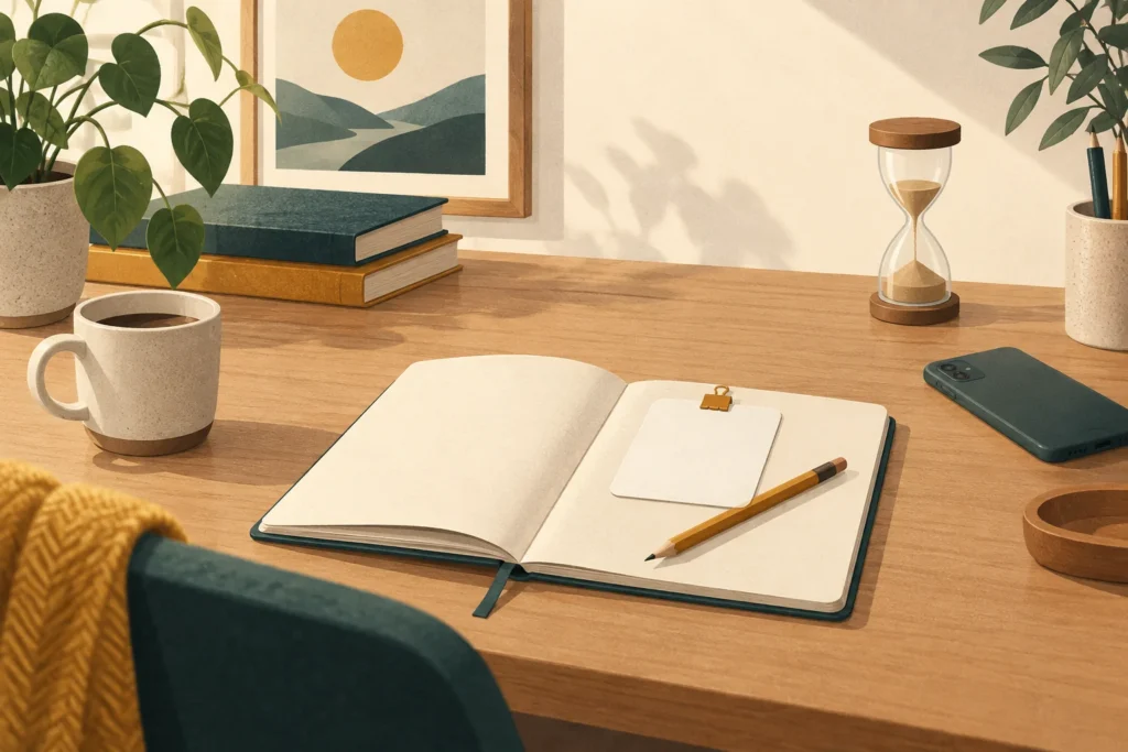 Illustration éditoriale d’une horloge et d’un chemin qui rejoint une tâche et son document.