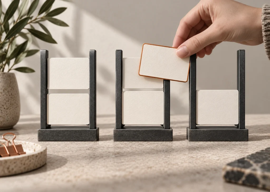 Une main déplace une fiche bordée de cuivre entre trois rails verticaux évoquant un tableau Kanban.