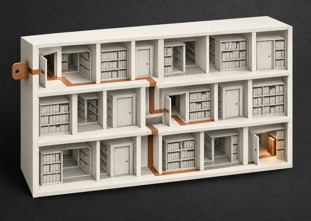 Une maquette d’archives à trois étages montre un itinéraire cuivré reliant plusieurs salles de notes.