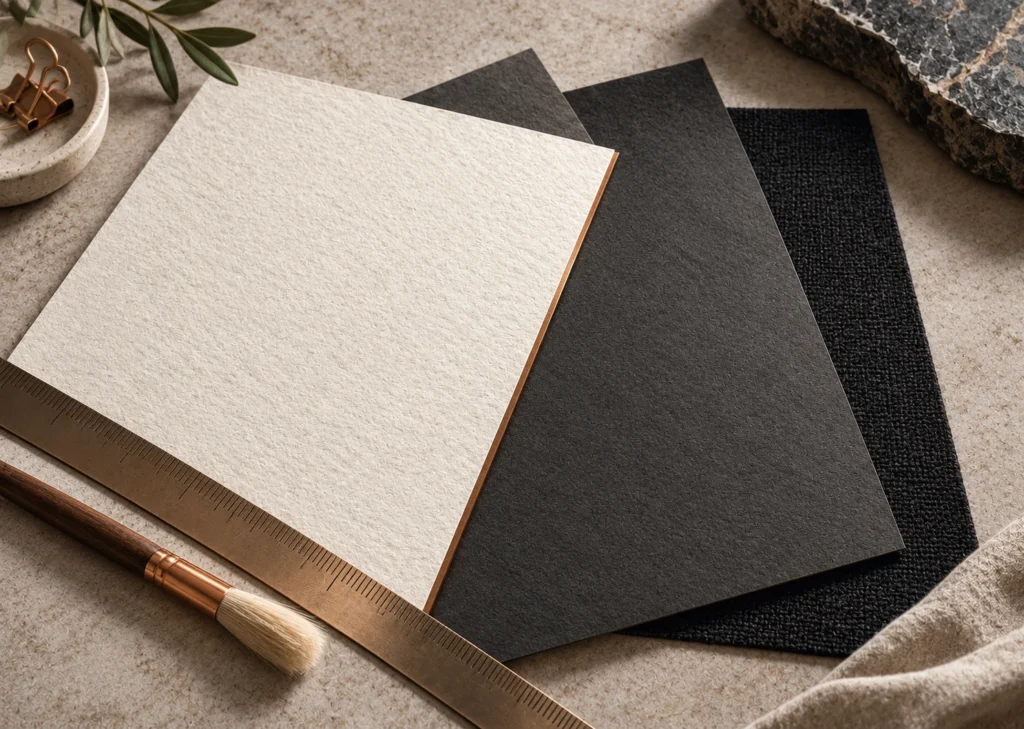 Trois échantillons de matières ivoire, graphite et encre sont superposés près d’une règle et d’un pinceau.