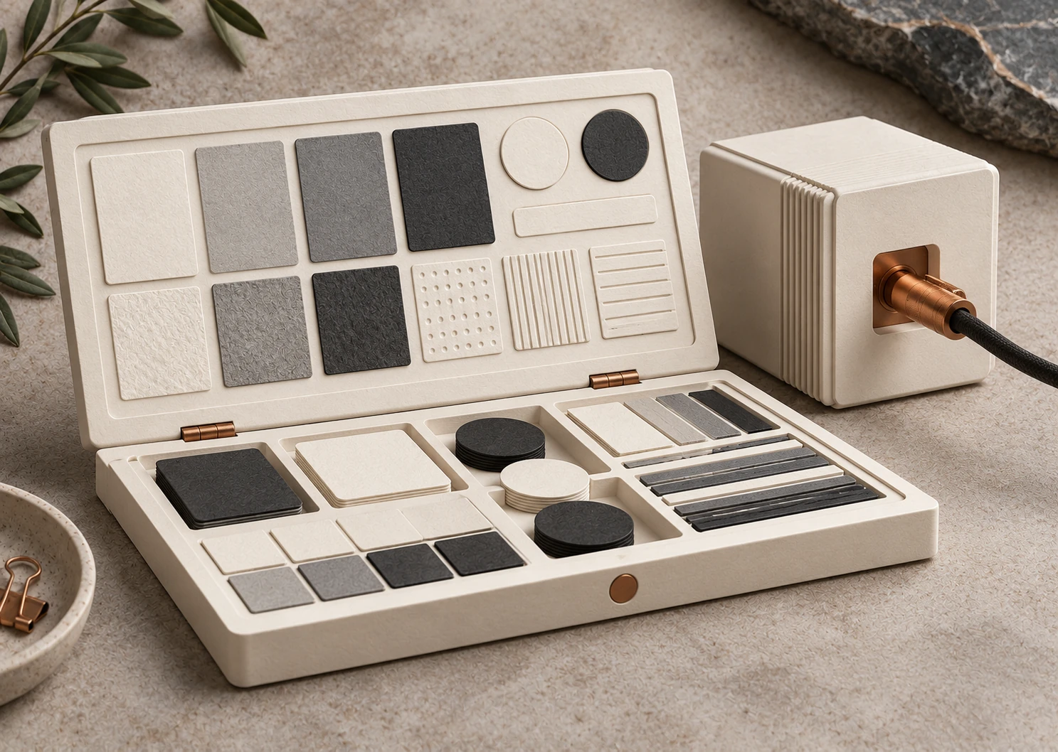 Un nuancier tactile articulé associe des échantillons de papier et un petit module de traitement, sur fond sombre.