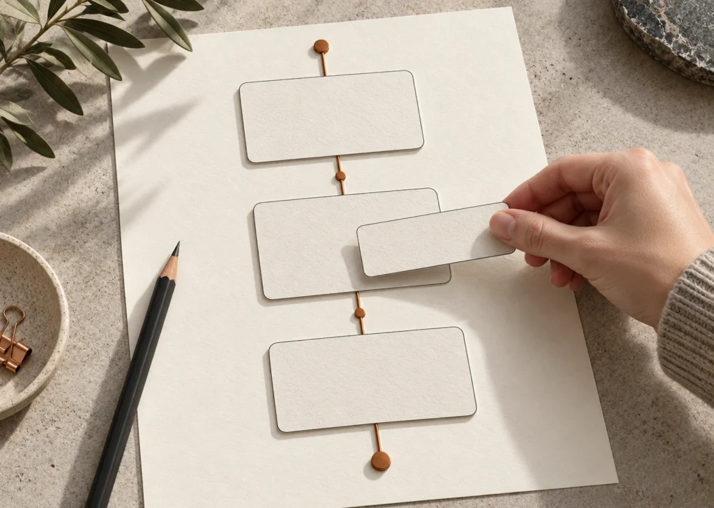 Une main place une fiche vierge au milieu de trois blocs de temps reliés par un fil cuivré, près d’un crayon.