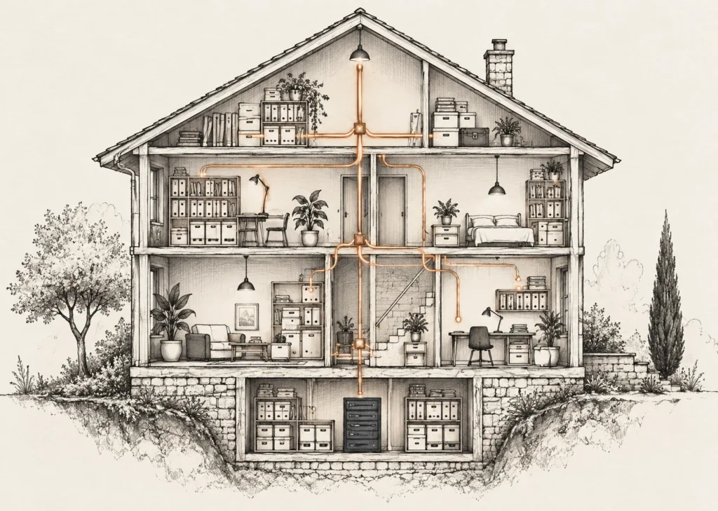 Une maison dessinée en coupe, avec dossiers et conduits de cuivre reliant les pièces.