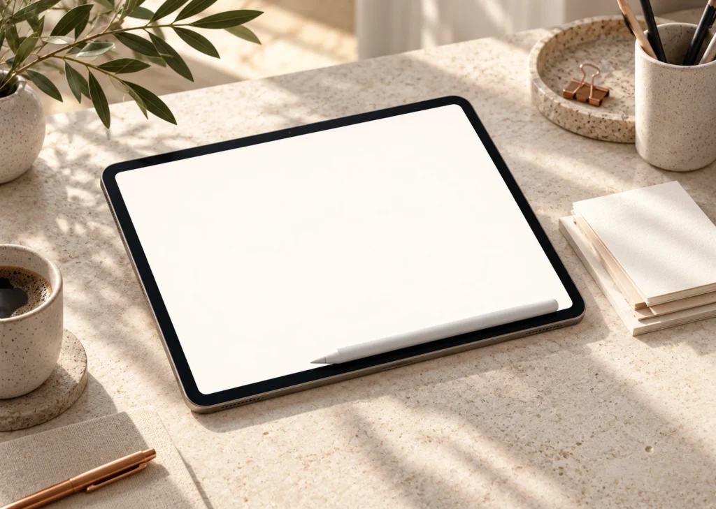 Une tablette à écran vierge et son stylet reposent sur une table claire, près d’une pile de feuilles.