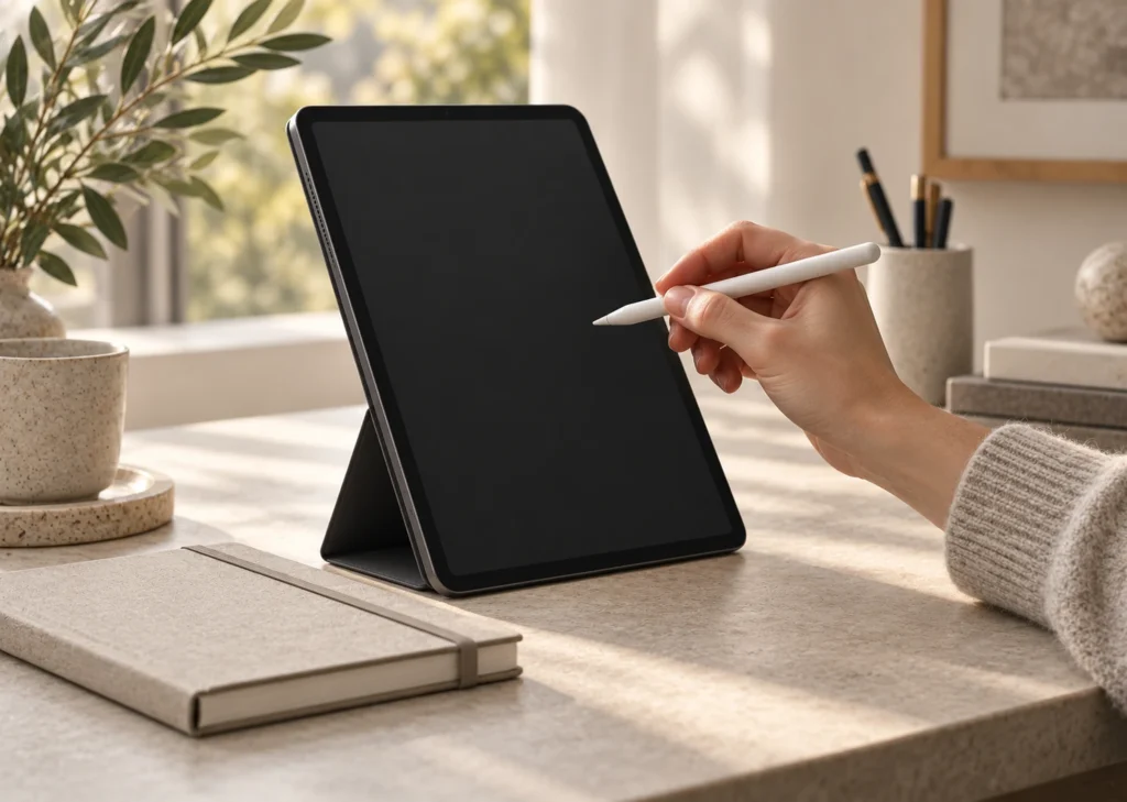 Une main tient un stylet devant une tablette verticale à écran sombre et vierge, près d’un carnet fermé.