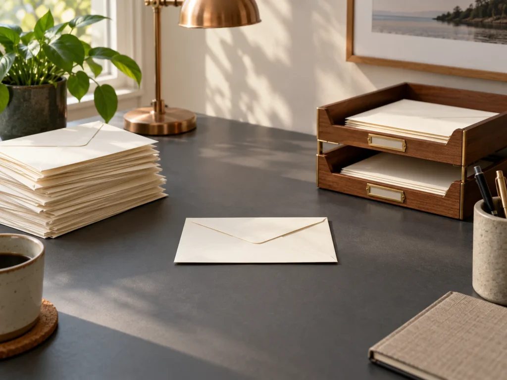 Une pile d’enveloppes vierges, une enveloppe isolée et deux corbeilles de tri sur un bureau.