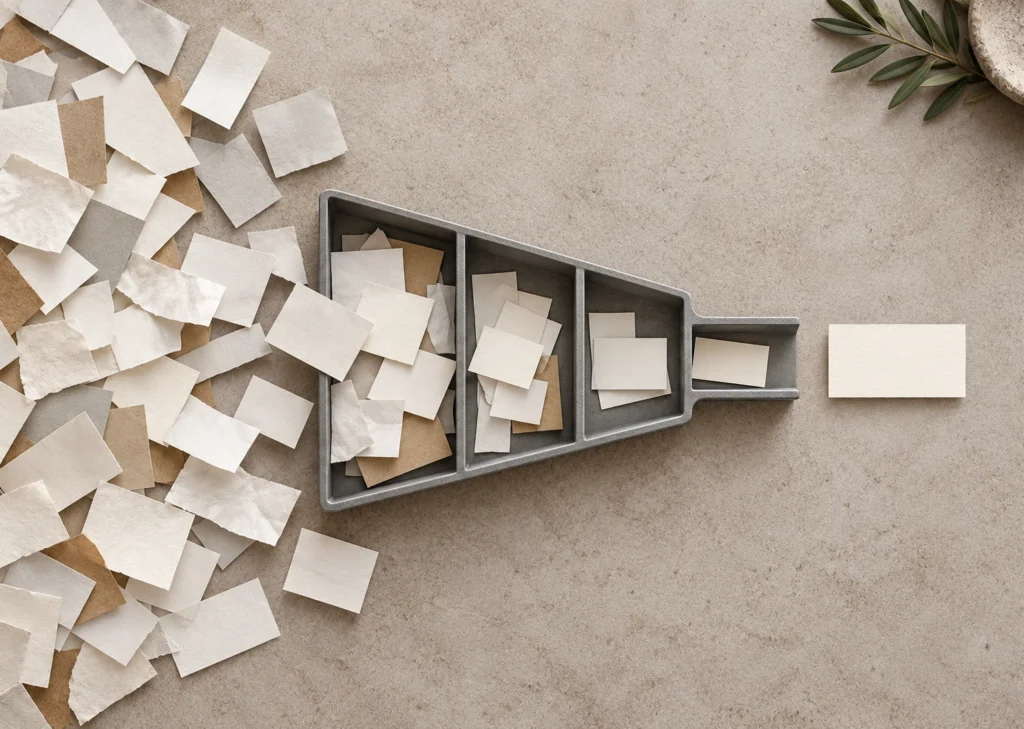 Des fragments de papier nombreux traversent un plateau de tri puis aboutissent à une seule fiche claire.
