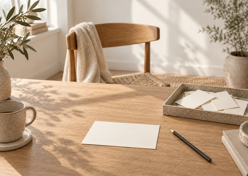 Une feuille vierge et un crayon occupent une table calme, avec une pile de fiches écartée dans un plateau.