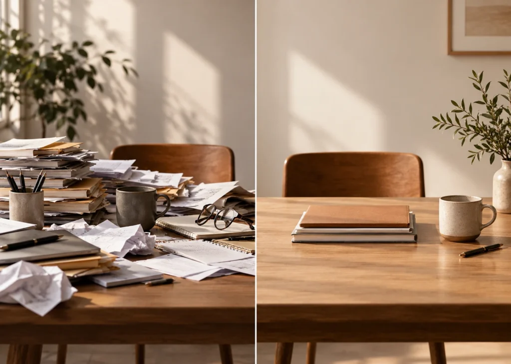 Une table chargée de dossiers face à la même table rangée avec une pile et une tasse.