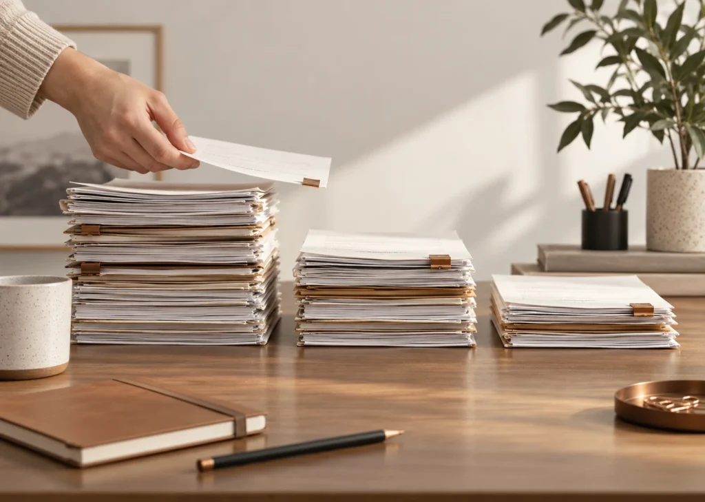 Une main pose une fiche sur l'une de trois piles de dossiers triés sur un bureau.
