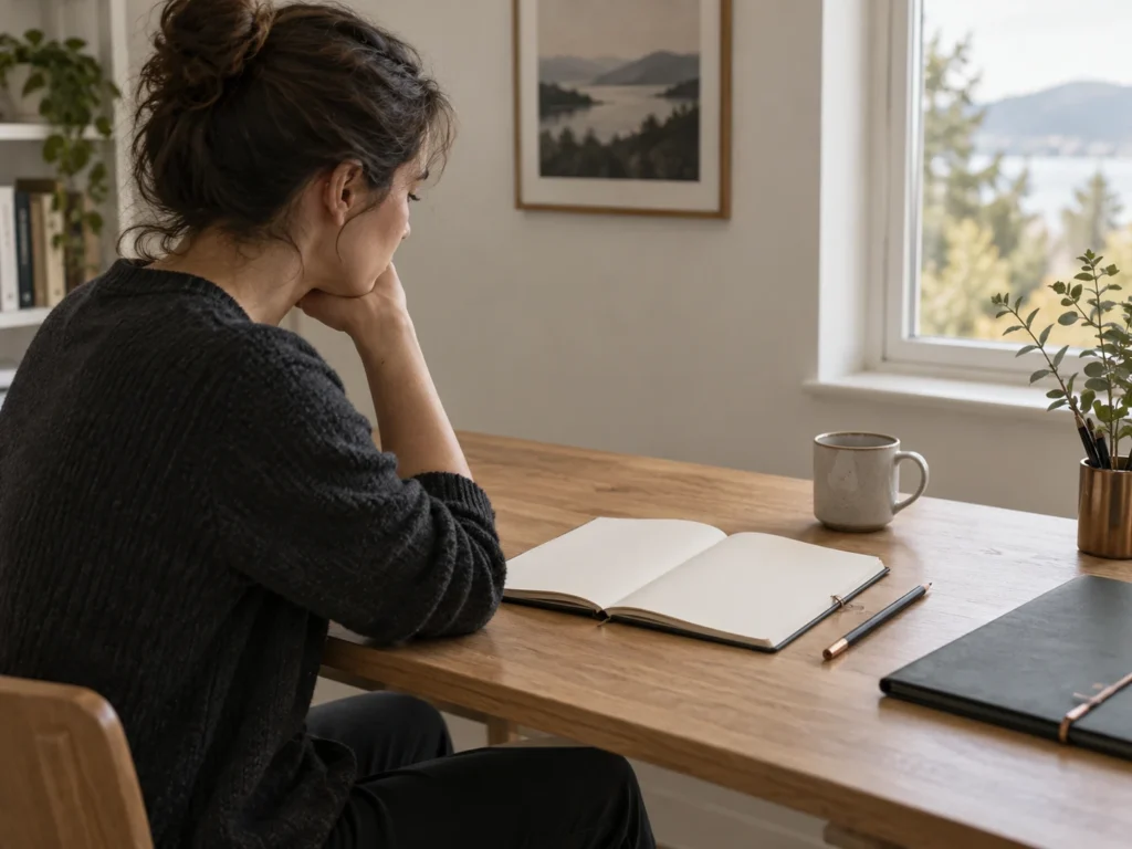 Une adulte assise à son bureau face à un carnet vierge, un crayon et une tasse.