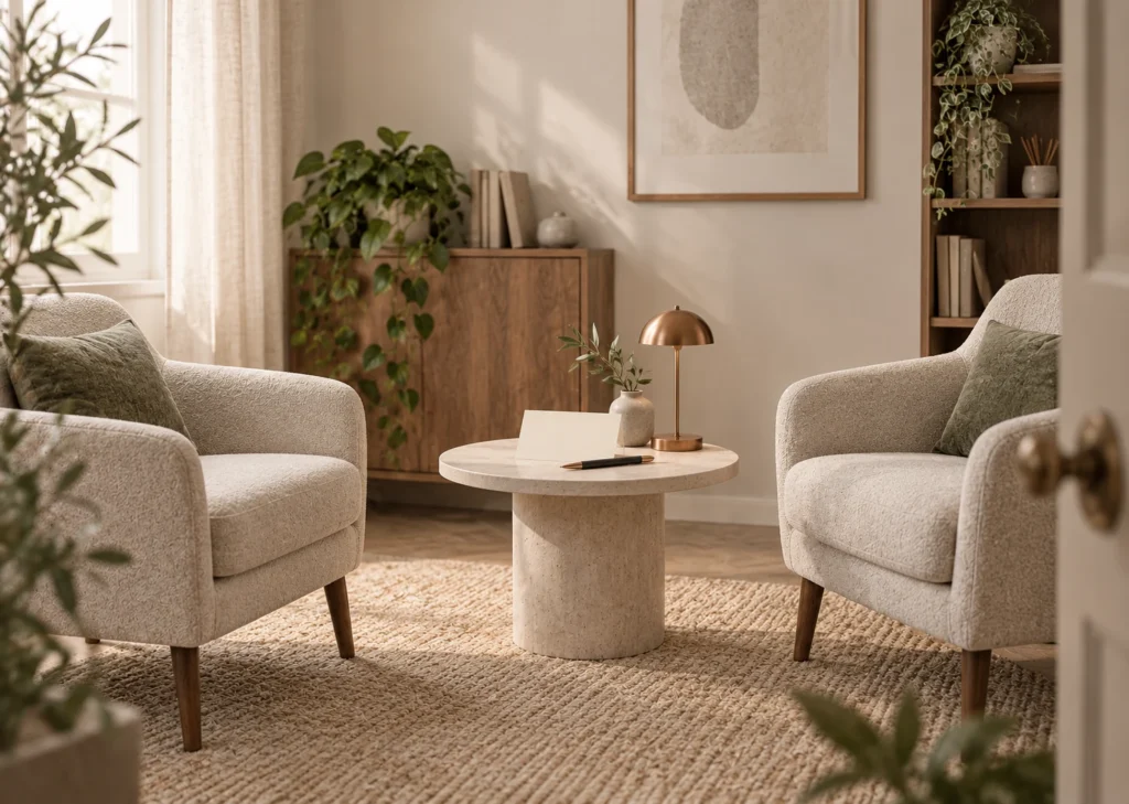 Deux fauteuils se font face dans une pièce calme, séparés par une table avec une carte vierge et un stylo.