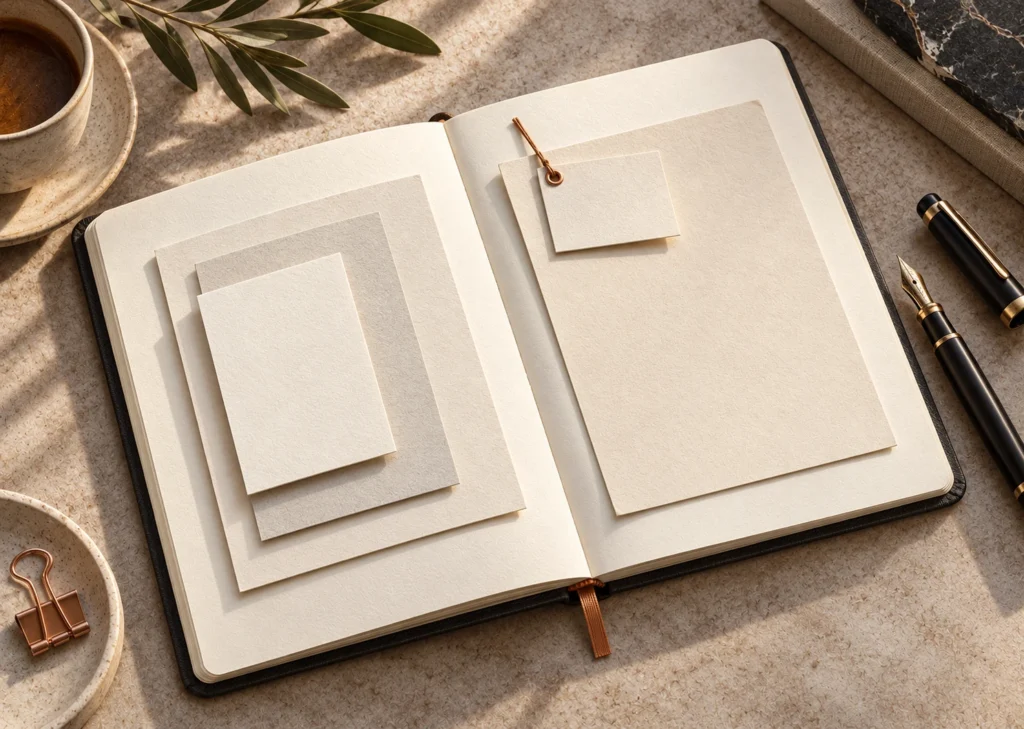 Un carnet ouvert accueille des feuilles de tailles différentes et une petite fiche reliée par un fil cuivré.
