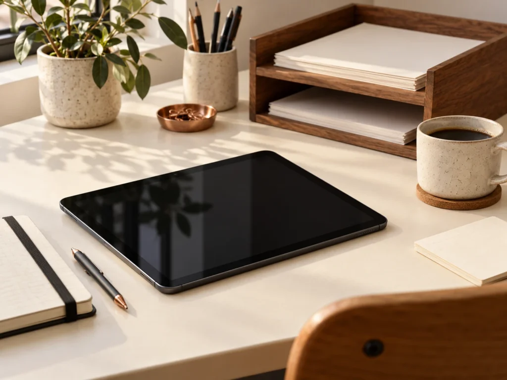 Une tablette éteinte sur un établi avec des fiches classées et une tasse.