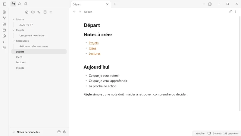 Capture d’Obsidian : explorateur de fichiers avec les dossiers Journal, Projets et Ressources, et la note Départ ouverte en lecture avec ses liens vers Projets, Idées et Lectures.